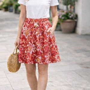 NEW LOFT Linen blend skirt coral floral print | with pockets Sz M